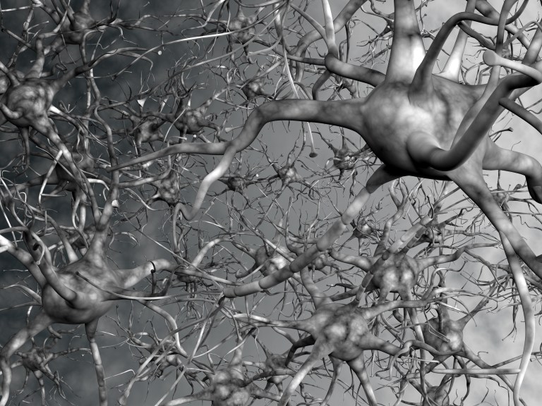 Neural network on a grey background. Active neurons brain connec